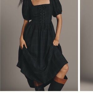 Green Plaid Puff-Sleeve Midi Dress with Lace-Up Bodice